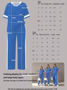Spring/Summer Women's 2 Pieces Set, Casual Versatile Contrast Color Round Neck Short Sleeve Top And High Waist Drawstring Straight Leg Pants Elegant - Lake Blue 69 - View 9