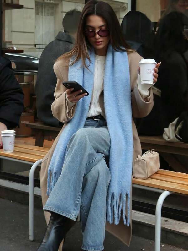 Solid Light Blue Faux Cashmere Tassel Oversized Scarf For Women, Autumn/Winter Thickened Long Warm Shawl, Reinforced Hand-Knotted Tassels With Dense And Extended Hem, Suitable For Daily Commute, City Exploration, Winter Travel Photography, Indoor Office Cold Protection And Multiple Occasions