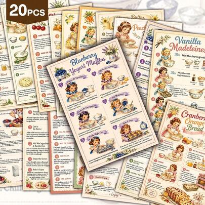 20pcs Vintage Baking Recipe Postcards - Retro Kitchen Wall Art Decor, Baking Recipe Decorative Cards With Detailed Step-By-Step Instructions, Perfect For Scrapbooking & Crafting