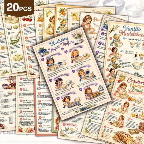 20pcs Vintage Baking Recipe Postcards - Retro Kitchen Wall Art Decor, Baking Recipe Decorative Cards With Detailed Step-By-Step Instructions, Perfect For Scrapbooking & Crafting