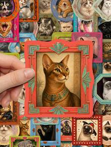 50 Buah Stiker Potret Kucing Lukisan Minyak Antik, Stiker Kucing Berbagai Ras dengan Bingkai Ornamen Retro untuk Perencana, Buku Catatan, Botol Minum & Kerajinan Estetika Hewan Peliharaan Vintage - MultiWarna - View 3