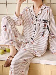 Gongdie 2件組 Snoopy 女款睡衣套裝，夏季柔軟莫代爾棉，黑色滾邊與蝴蝶結細節居家服 - 米色 - 查看 5