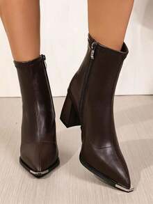 2025 Autumn/Winter New Vintage Brown Pointed Toe Leather Ankle Boots For Women, High Heel, Side Zipper, Slim Fit - Brown - View 5