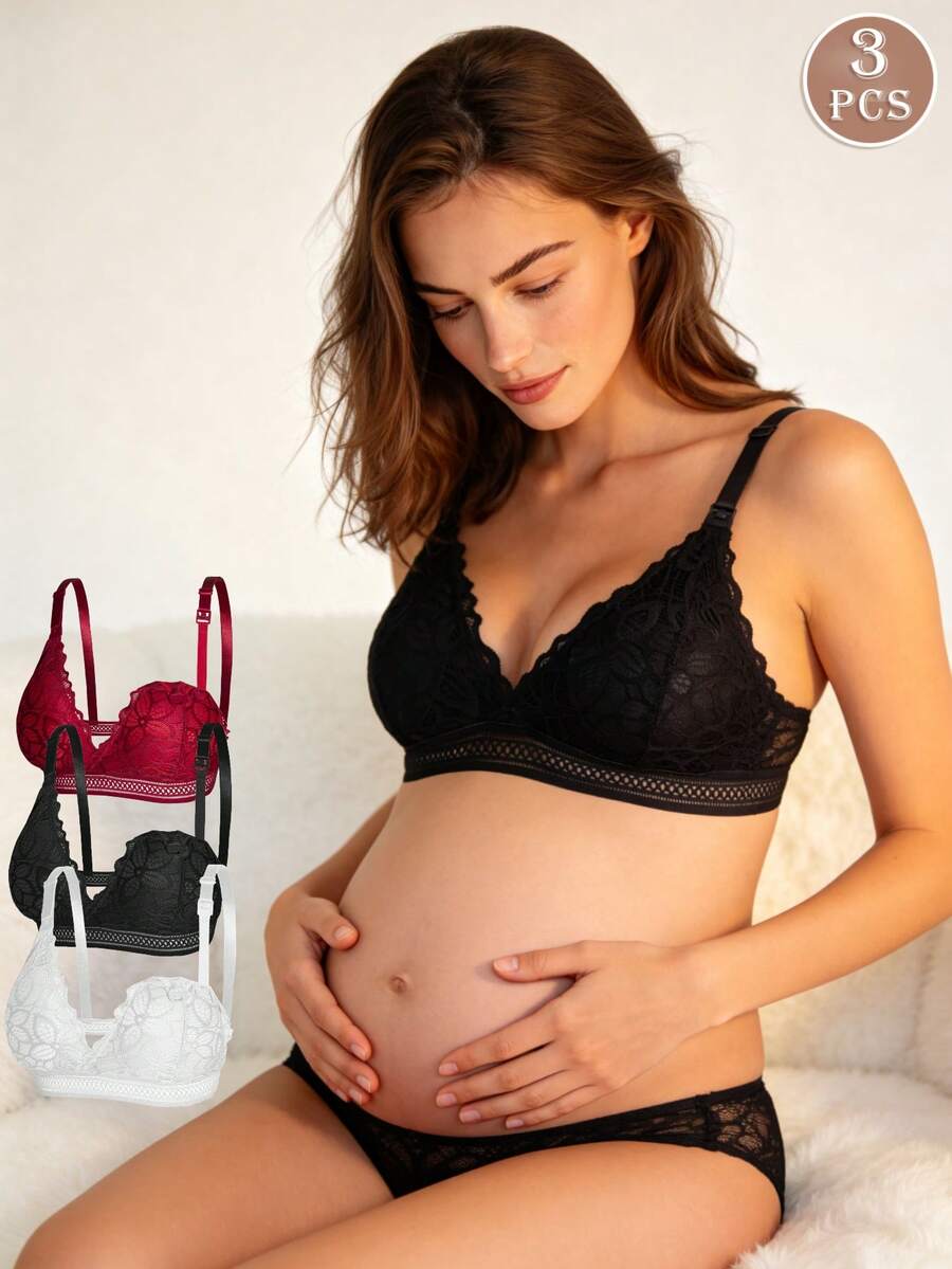 Hart & Haze Set de 3 sujetadores de maternidad y lactancia - Encaje sexy con cierre delantero, sin costuras, cómodos y anti-caída, lencería adecuada para el embarazo y el postparto, apta para dormir - Multicolor - Ver 1