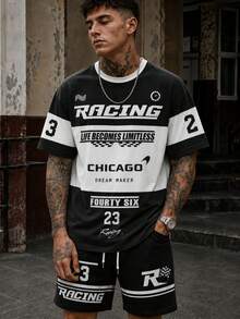 Fractyr Men's Racing Chicago 23 Letter Colorblock 2-Piece Set, Crew Neck Short Sleeve T-Shirt And Drawstring Racing Shorts Matching Sports Outfit - Black - View 2