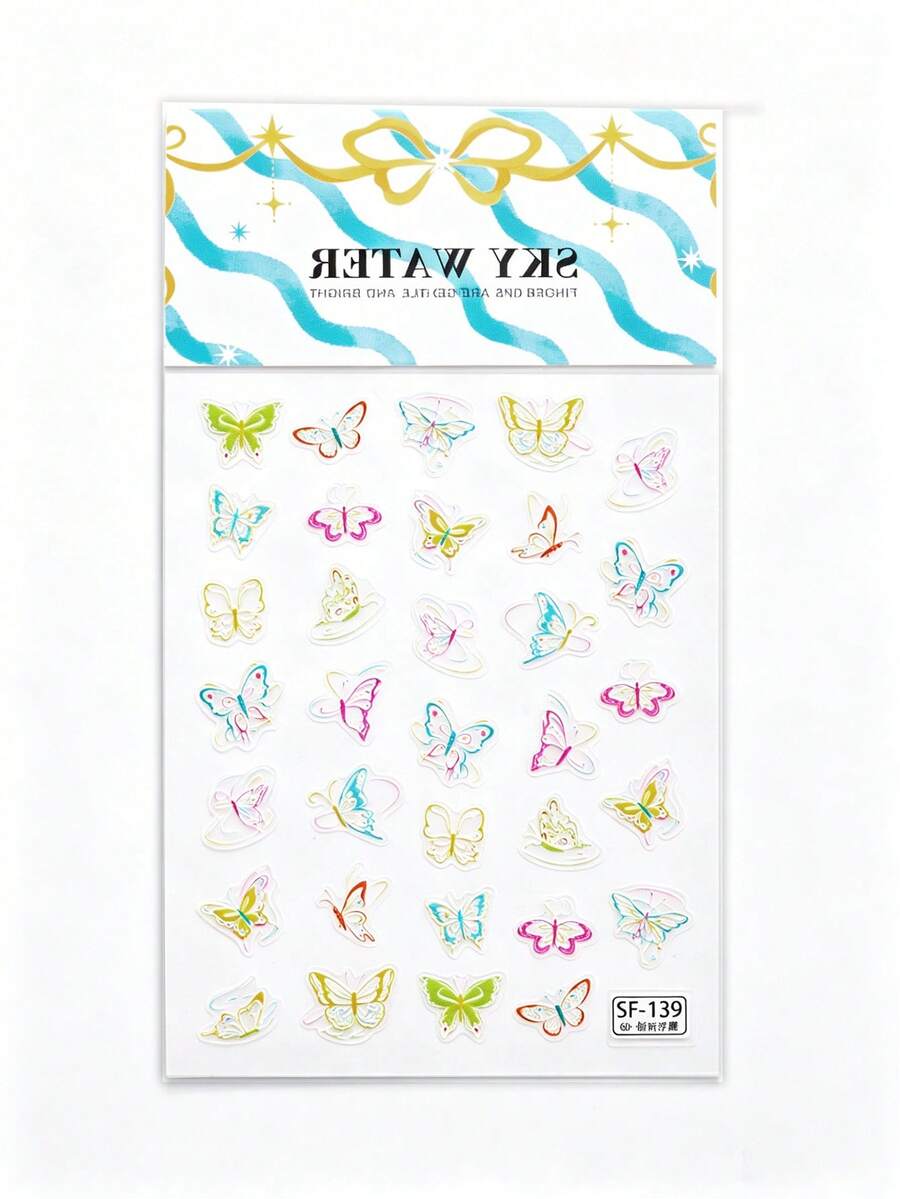 1pc Minimalist Clear Pastel Watercolor Butterfly Raised Embossed Nail Stickers Manicure DIY Accessories For Girls - Colorful - View 1