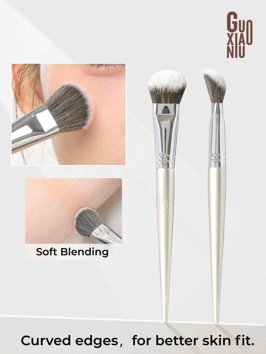 GUOXIAONIU 1pc Angled Blush Brush, Soft Synthetic Bristles, No Clumping Multi-Function Blush & Contour Makeup Brush, Suitable For Cream And Powder Blush - Rose Gold - View 1
