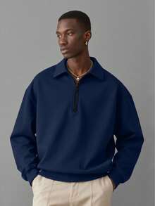 Camvyn Men's Casual Loose Half-Zip Collared Pullover Pullover Sweatshirt, Street Style, Autumn/Winter - Navy Blue - View 1