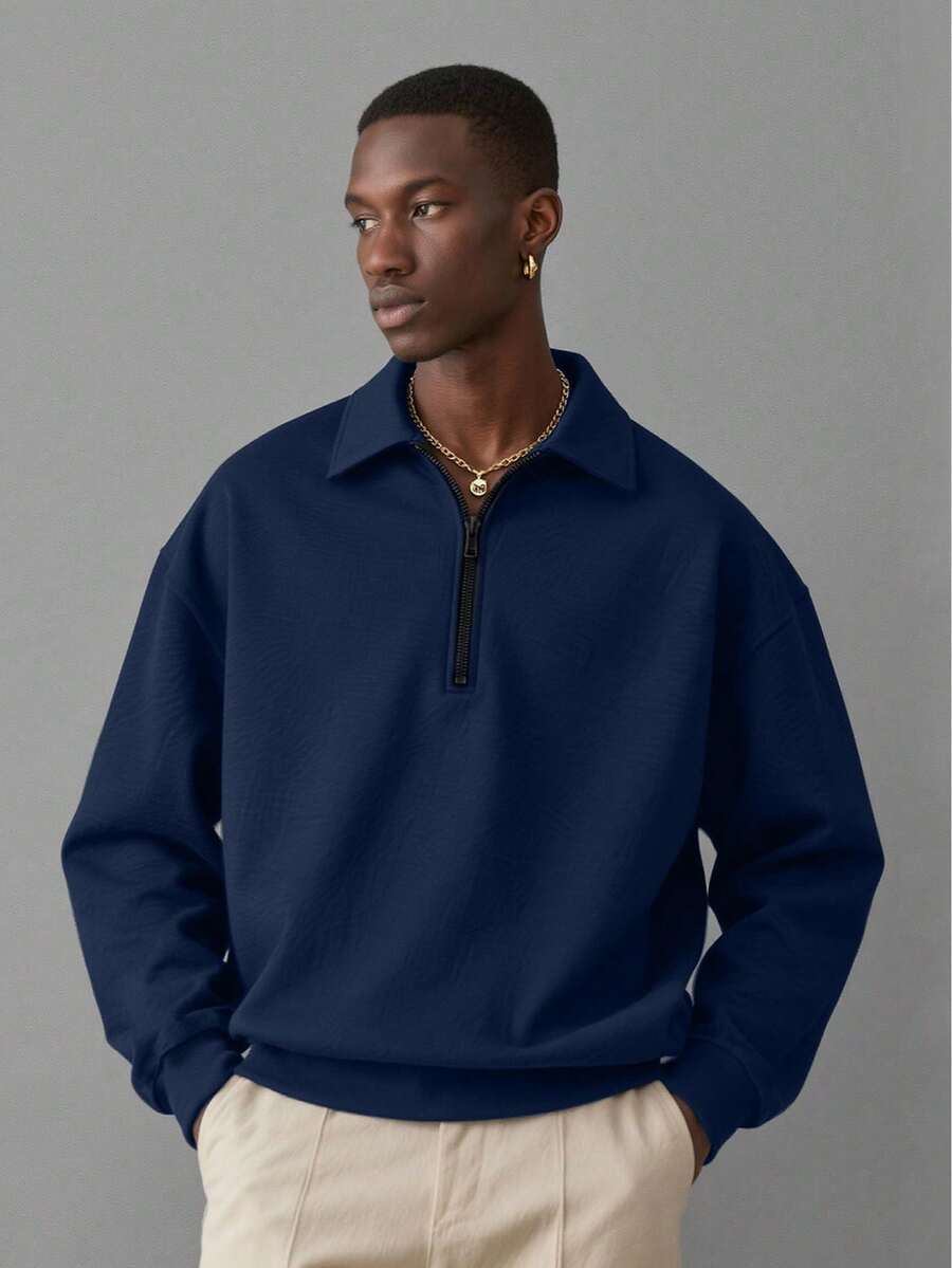 Camvyn Men's Casual Loose Half-Zip Collared Pullover Pullover Sweatshirt, Street Style, Autumn/Winter - Navy Blue - View 1