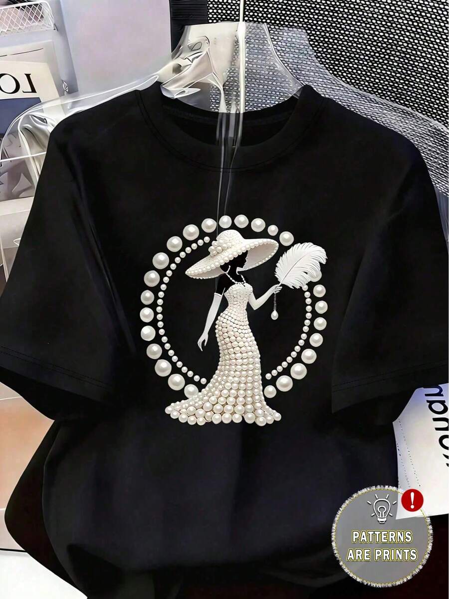 新款優雅洗鍊風格女裝大尺碼印花T恤，附防珍珠水晶設計，營造奢華質感