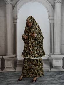 Women's Leopard Print Hooded Set, Bishop Sleeves, Elegant Muslim Fashion Outfit, Plus Size 2-Piece Set, With Applique, Non-Stretch Fabric, Comfortable To Wear - Multicolor - View 6