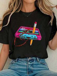 Summer Outfits Women Vintage Cassette Tape Pencil 70's 80's 90's Music Mixtape-Shirt Summer Outfits Women Shirts Women Graphic Tees Women Casual Graph - Negro - Ver 1