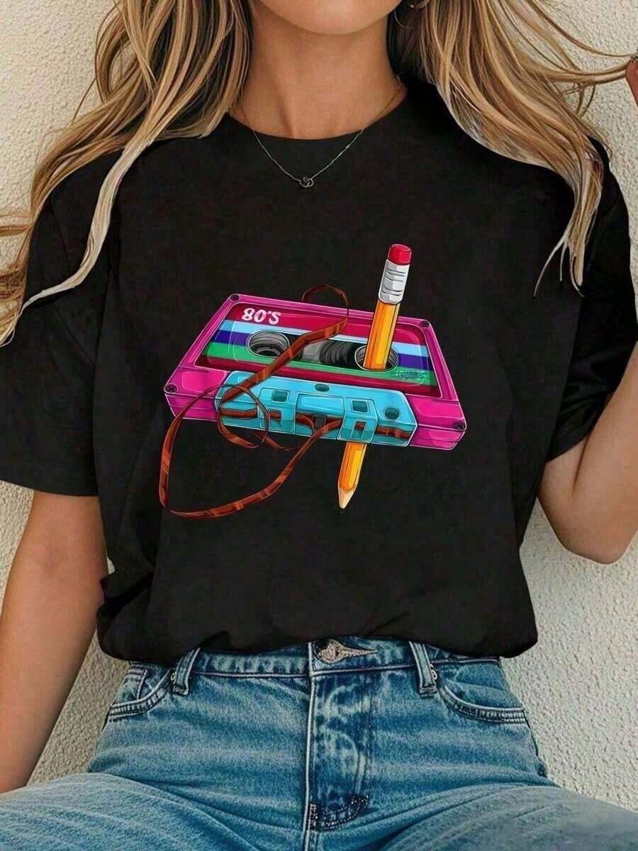 Summer Outfits Women Vintage Cassette Tape Pencil 70's 80's 90's Music Mixtape-Shirt Summer Outfits Women Shirts Women Graphic Tees Women Casual Graph - Negro - Ver 1