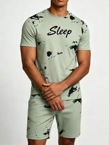 Men's Summer Thin Minimalist Ink Splatter SLEEP Print Short Sleeve & Shorts 2 Pieces Pajama Set, Fresh Lazy Casual Loungewear - Multicolor - View 3