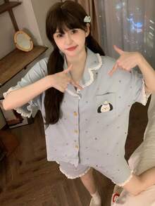 2 piezas/Set Conjunto de pijama para mujer, cuello de solapa abierto con estampado de cachorro lindo y bolsillo delantero, manga corta y shorts simples, cómodo para usar en casa - Azul - Ver 7