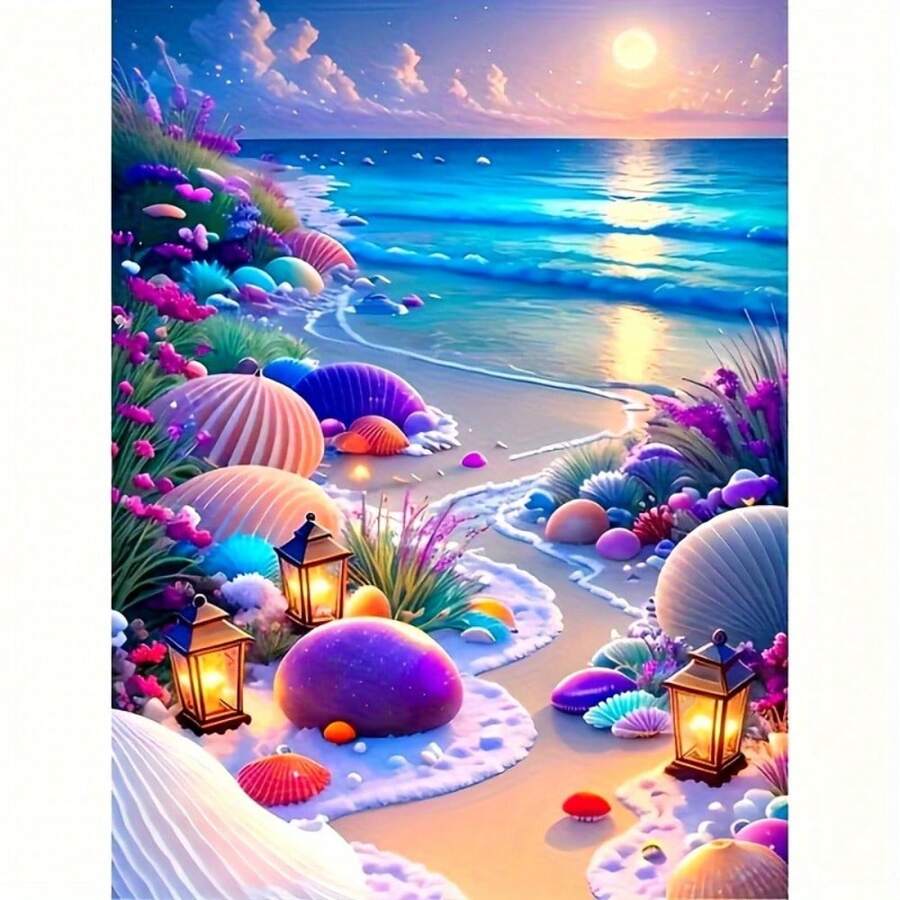 海洋主題 5D DIY 鑽石畫套件-海灘貝殼設計,全圓鑽,壓克力牆面裝飾,適合居家與辦公室,初學者完美禮物,鑽石畫配件 - 圓鑽 - 查看 1