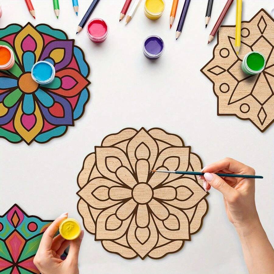 Bohemian-Style Mandala Blank Wooden Coasters, Handmade With Unpainted Natural Wood Floral Pattern On The Base, Suitable For DIY Art And Craft Table Decoration - Multicolor - View 1