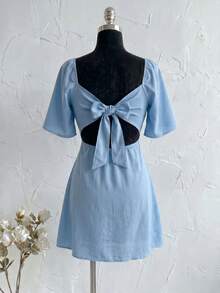 Plus Size Short Princess Dress, Loose Fit, With Gathered Neckline And Short Sleeves, Elegant, Sizes 46 To 56 - Baby Blue - View 3