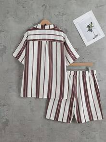 Summer New Men's Vintage Vertical Striped Shirt Collar Set Loose Short Sleeve Top Shorts Casual Wear - Brown - View 2