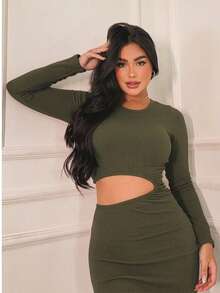 Women's Long Dress With Long Sleeves, Slit, And Side Detail - 軍綠色 - 查看 3