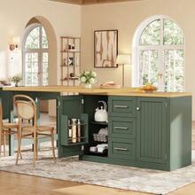 Isla de cocina multifuncional con tablero extensible, encimera convertible, estantes ajustables 360°, estante para aperitivos, cierre magnético y amplio cajón. Diseño moderno, color blanco. - Verde - Ver 2