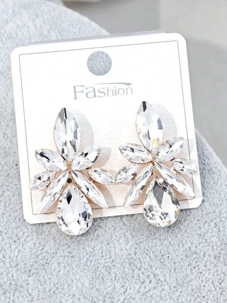 1 par de pendientes de mujer con forma de lágrima, florales de colores y diamantes, adecuados para salir (la tarjeta es solo de referencia, la tarjeta es aleatoria) - Blanco - Ver 1