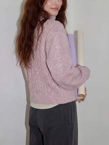 Women's Autumn/Winter Casual Minimalist Cable Knit Cardigan Jacket, Stand Collar/Lapel Design - Mauve Purple - View 3