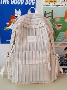 LECEY Women's Letter Print Denim Portable Large Capacity Backpack - Red - View 2
