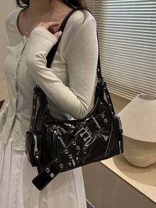 Fashion Women's Bag Studded Motorcycle Bag New Crescent Bag Street Style Versatile Shoulder Bag Underarm Bag - Black - View 7