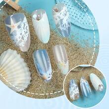夏季清新海鹽藍海洋波浪美甲飾品，3D迷你海星貝殼水鑽杏仁形美甲貼片，裸色漸層冰透手工美甲裝飾，適合海灘度假、日常出遊、派對約會、宿舍穿搭、節慶精緻禮物、旅行必備 - 查看 4