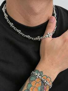1pc Vintage Punk Style Hip Hop Cross Pendant Necklace For Men, Suitable For Daily Wear, Party, Gathering, Date, Versatile Outfit Accessory, Holiday Gift For Men - Antique Silver - View 5