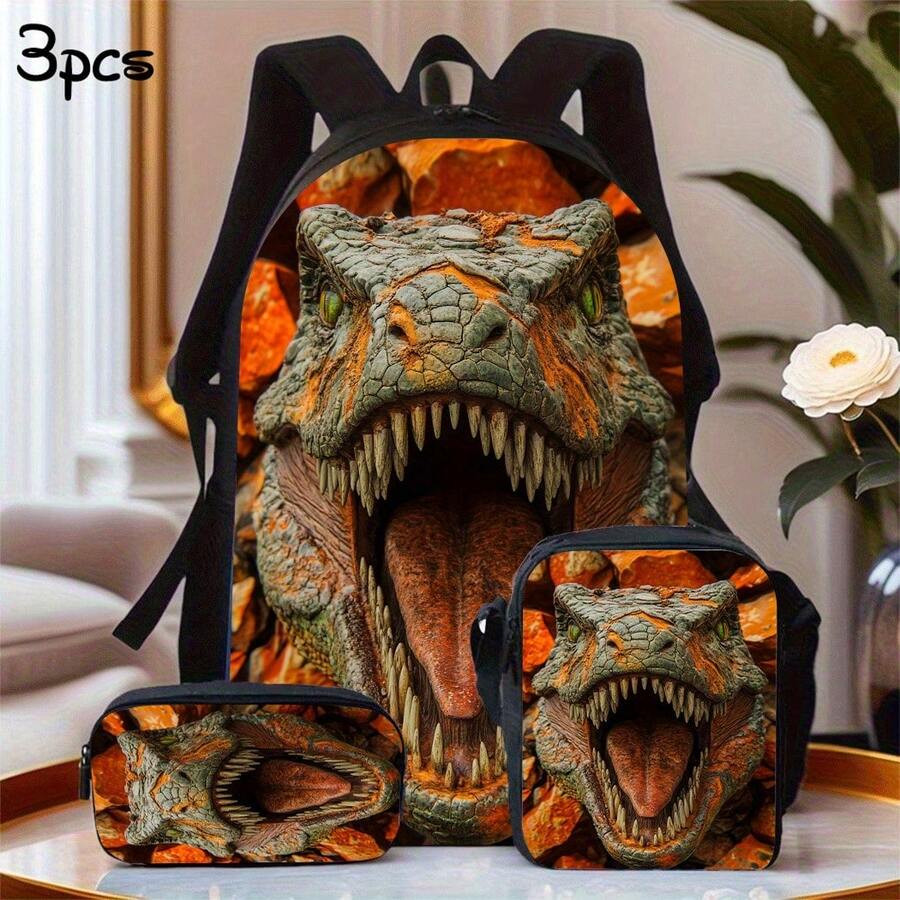 Cet ensemble à thème dinosaure se compose d'un sac à dos spacieux, d'une trousse à crayons et d'un sac à lunch zippé, avec des bretelles réglables, parfait comme cadeau pour les voyages et les déplacements. - Noir - Voir 1