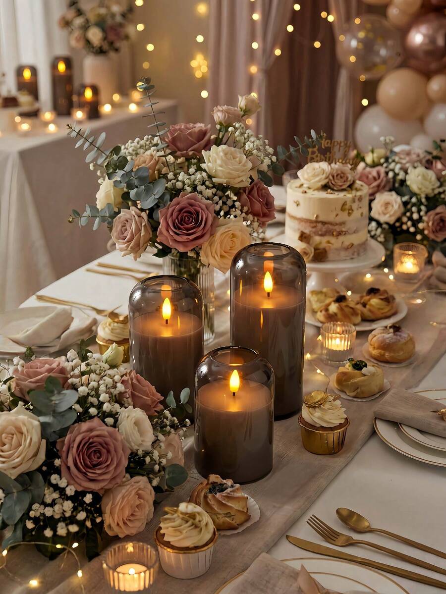 3pcs Grey Flameless Candle Lights With Timer And Remote Control, Battery Operated LED Wish Electronic Candle Lights For Wedding, Dining Table, Halloween, Christmas, Valentine's Day, Desktop Decor And Holiday Arrangement - Grey - View 1
