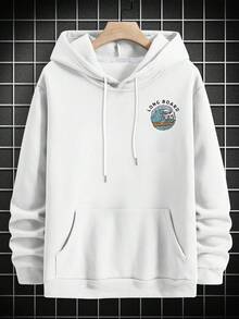 Men's American Vintage Skull Longboard Surf Print Hoodie, LONG BOARD Wave & Coconut Tree English Slogan, White Loose Drop Shoulder Hoodie - White - View 5