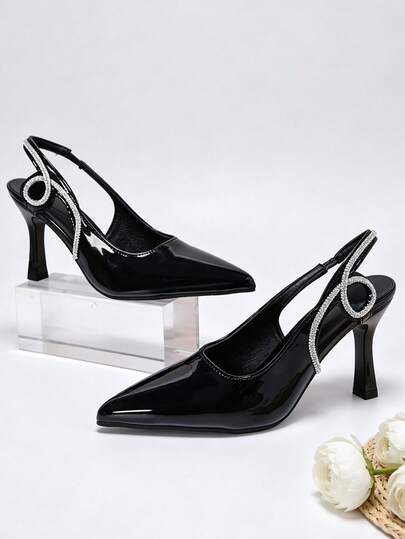 2026 New 1 Pair Black Classic Pointed Toe Rhinestone Stiletto High Heel Sandals, Fashionable Elegant Circular Rhinestone Embellishment With Back Strap Slip-On Design, Suitable For Campus Activities, Dance Performances, Spring/Summer Commute, Banquet Dress, Versatile Shoes