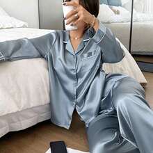 Dreamivo Solid Pink Summer Women's Pajama Set - Short Sleeve Button Collar Top And Pants, Soft Pajamas, Machine Washable, Can Be Worn As Outerwear Women's Long Sleeve Long Pants Pajama Set - Baby Blue - View 6