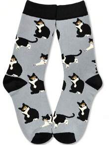 1 Pair Men's Funny Pattern Black & White Cat Mid-Calf Socks, Soft & Breathable, Suitable For Autumn/Winter Daily Wear, Halloween/Christmas Gift - Multicolor - View 2