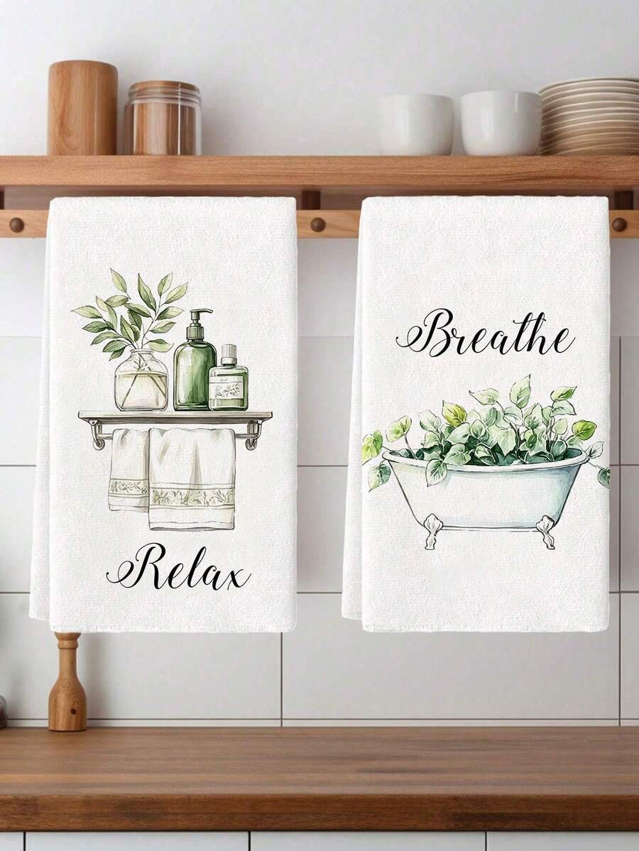 2pcs Greenery Bathtub Towels, Polyester Hand Towels With Leaves Pattern, Super Soft Woven Dishcloths, Machine Washable, Ideal For Holiday Gifts & Home Decor. - Multicolor - View 1