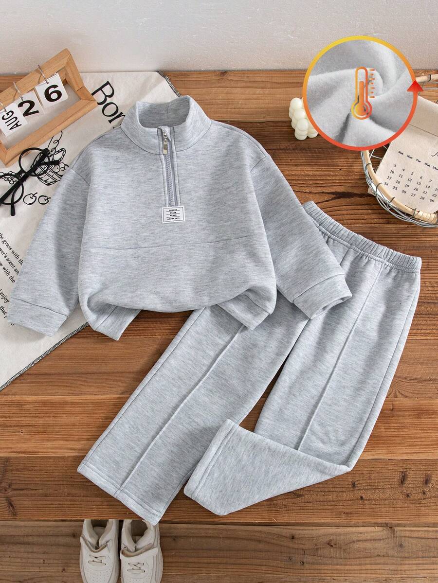 Boys' Casual Fashion Solid Color Half-Zip Collar Long Sleeve Top And Pants 2 Pieces Set, Spring/Autumn - Grey - View 1
