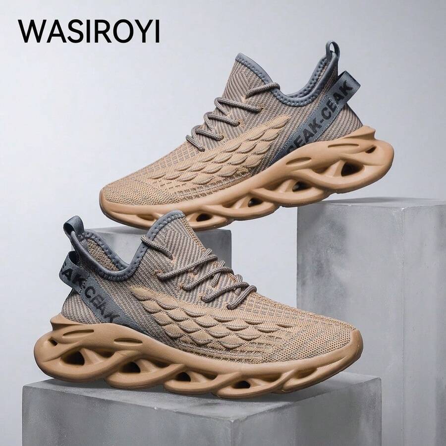 WASIROYI Men's All-Day Comfort Blade Sole Shoes, Breathable Knit Mesh Sneakers With High-Rebound Cushioning, Ideal For Office, Errands & Long Standing Hours - 棕色 - 查看 1