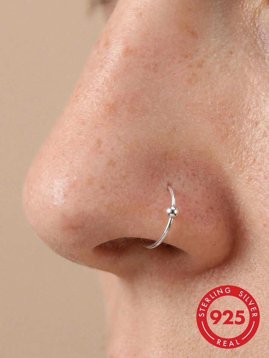 1pc 22G 925 Sterling Silver Nose Ring/Stud, Ear Cuff, Cartilage Hoop, Dangle Earrings For Women, 8mm - Silver - View 1