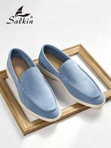 Salkin 經典設計手工男士莫卡辛鞋 平價奢華一腳蹬樂福鞋 男款寬楦頭 麂皮素食皮革 灰藍色 男鞋 休閒平底開車鞋 度假禮物 - 淺藍色 - 查看 9