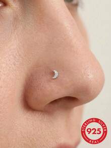 1pc 24G 925 Sterling Silver Moon Nose Ring, L-Shaped Gold Plated Nose Stud, Unisex - Silver - View 1