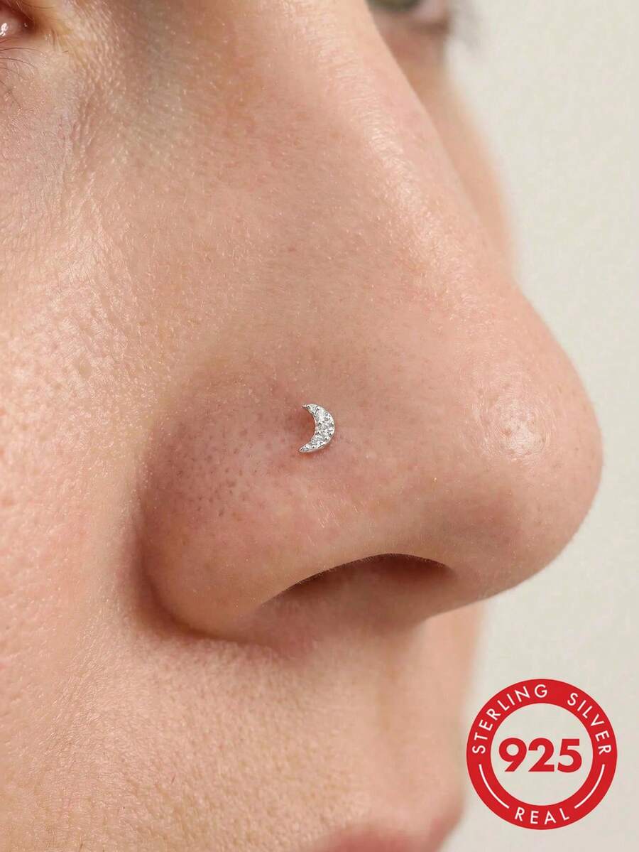 1pc 24G 925 Sterling Silver Moon Nose Ring, L-Shaped Gold Plated Nose Stud, Unisex - Silver - View 1