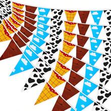 12/36/60 Pieces Of Cow-Print Denim Hats With Cloud-Shaped Triangular Flags And Paper Banners, Western Cowboy-Themed Decorative Flag Garlands - View 1