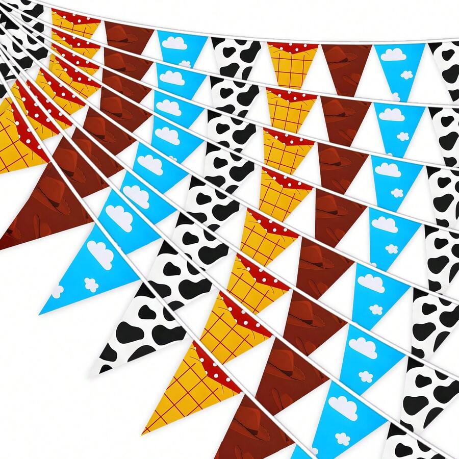 12/36/60 Pieces Of Cow-Print Denim Hats With Cloud-Shaped Triangular Flags And Paper Banners, Western Cowboy-Themed Decorative Flag Garlands - View 1