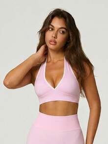 UONNOU 1pc Women's Shaping Halter Neck Bra, Sexy Deep V, Cold Shoulder, Backless, Beautiful Back Sports - Pink - View 5