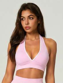 UONNOU 1pc Women's Shaping Halter Neck Bra, Sexy Deep V, Cold Shoulder, Backless, Beautiful Back Sports - Pink - View 6