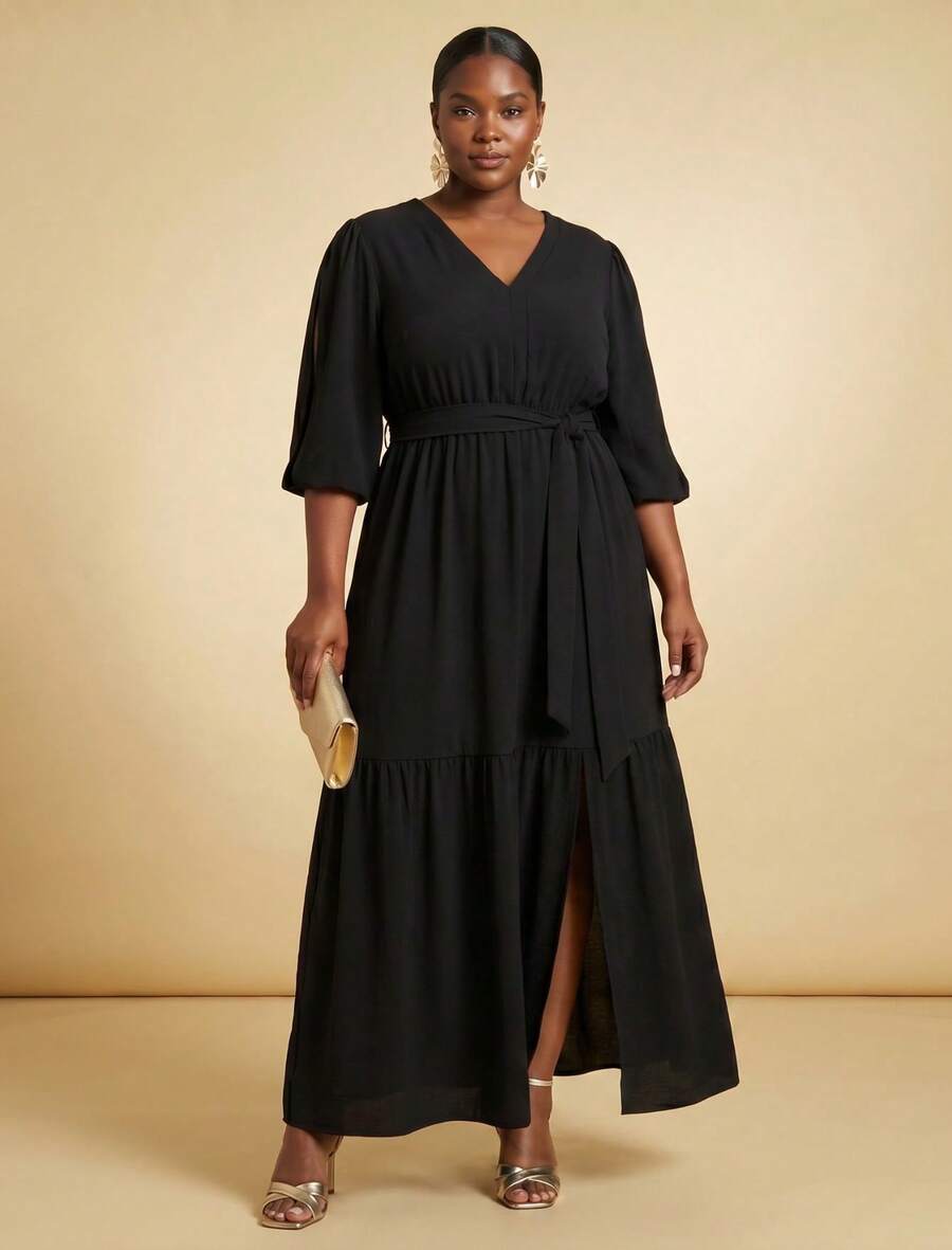 FASHION MIX PREMIUM Elegant Long Dress With Slit And Ruffle On The Hem 3/4 Puff Sleeves With V-Neckline And Tie At The Waist Women's Plus Size - 黑色 - 查看 1
