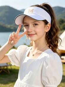 A-Z 花卉字母青少年女孩遮陽帽，可調節鏤空頂棒球帽，適合海灘、學校與戶外使用 - 白色 - 查看 2
